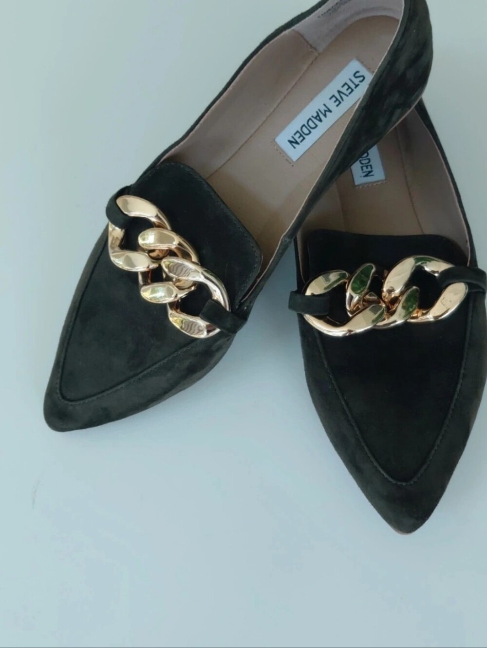 Steve Madden Olive Green Suede Pointed Loafers with Gold Chain